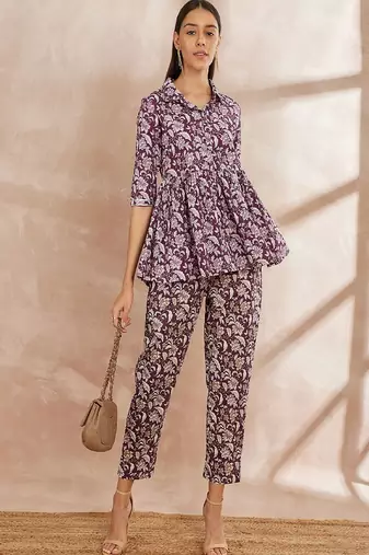 Purple color floral printed pure cotton tunic with trouser