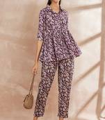 Purple color floral printed pure cotton tunic with trouser