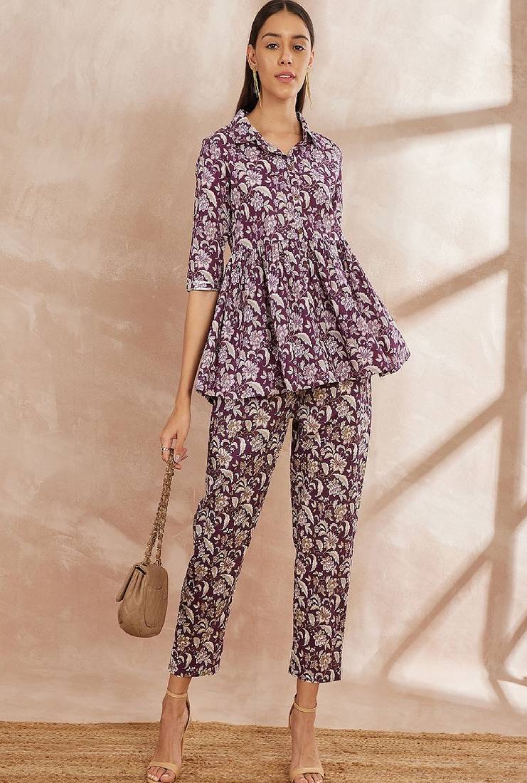 Purple color floral printed pure cotton tunic with trouser