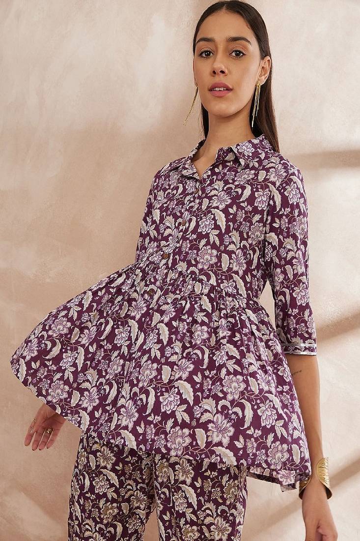 Purple color floral printed pure cotton tunic with trouser