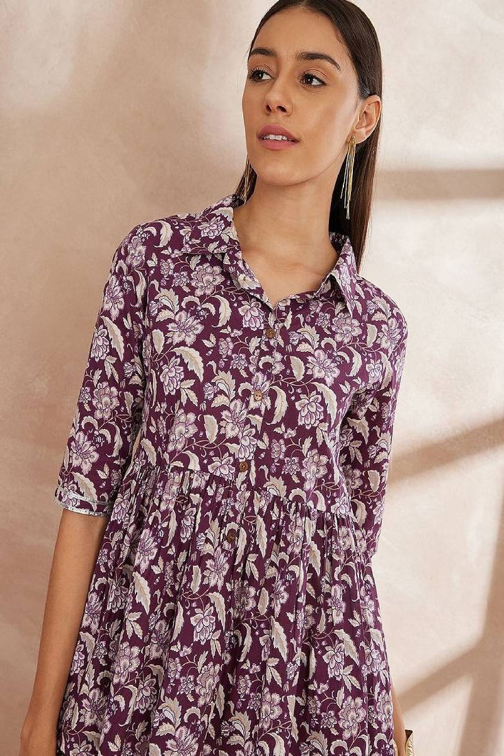 Purple color floral printed pure cotton tunic with trouser