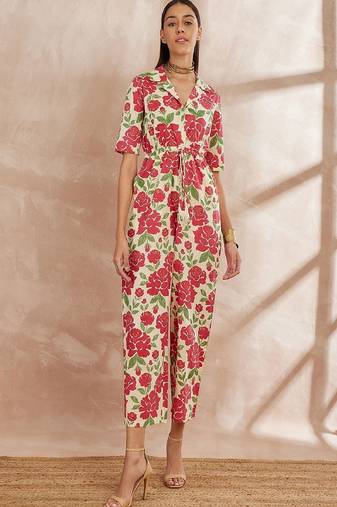 Multicolor color shirt collar floral printed cotton basic jumpsuit