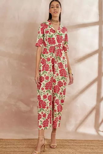 Multicolor color shirt collar floral printed cotton basic jumpsuit