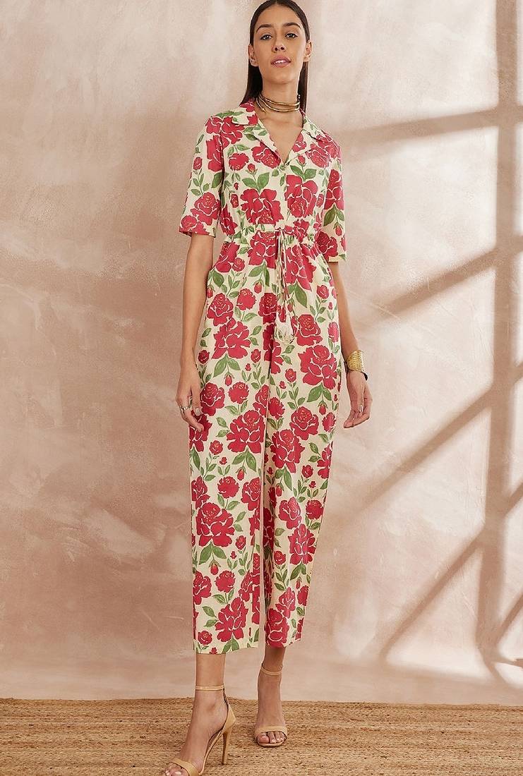Multicolor color shirt collar floral printed cotton basic jumpsuit