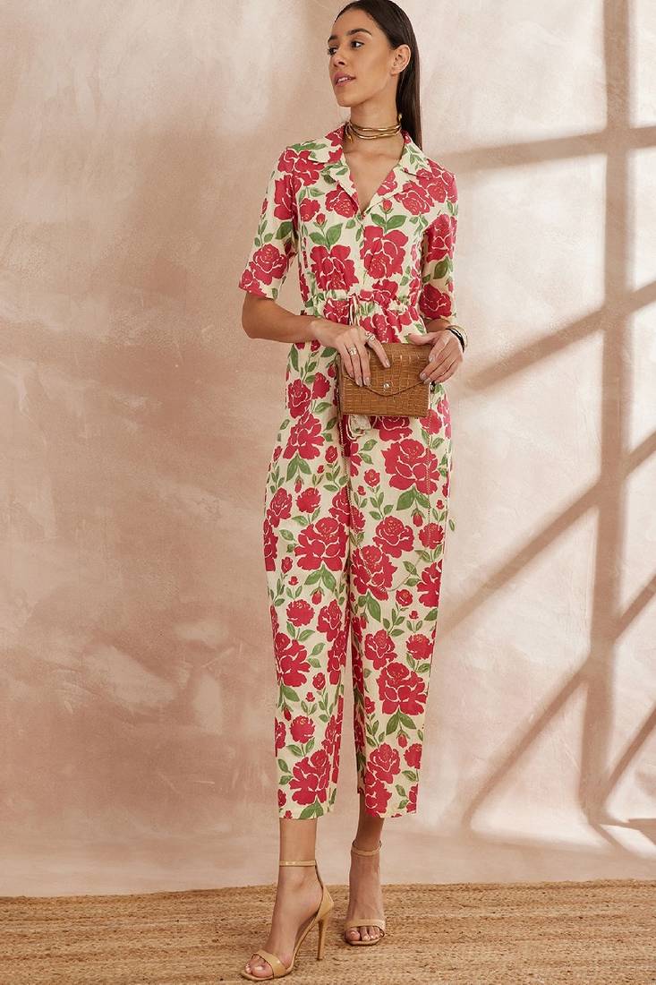 Multicolor color shirt collar floral printed cotton basic jumpsuit