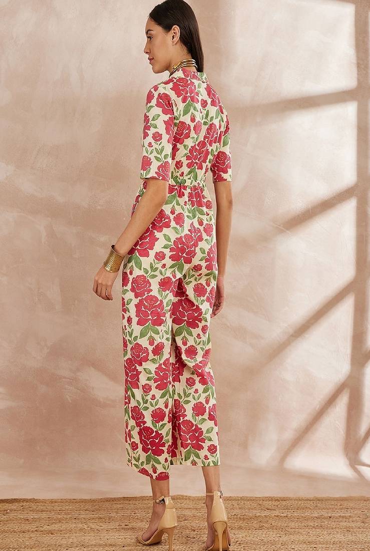 Multicolor color shirt collar floral printed cotton basic jumpsuit