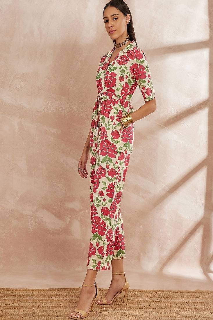 Multicolor color shirt collar floral printed cotton basic jumpsuit