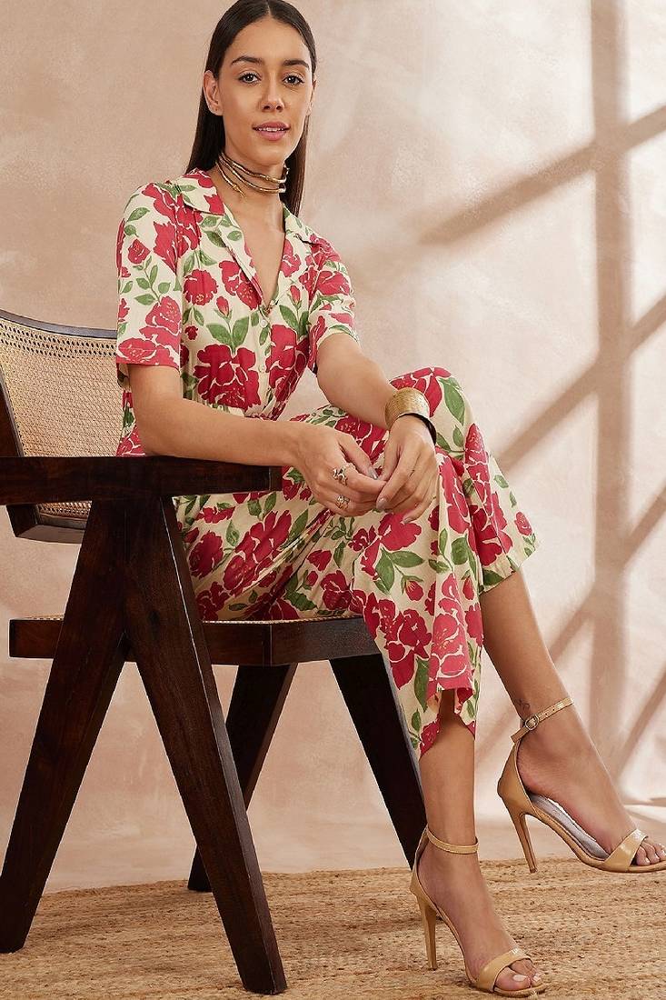 Multicolor color shirt collar floral printed cotton basic jumpsuit