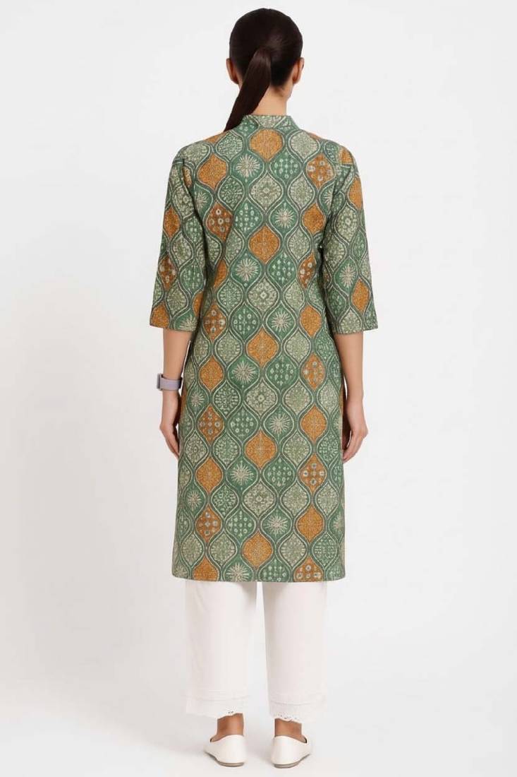Green color v neck cotton kurta with pant set