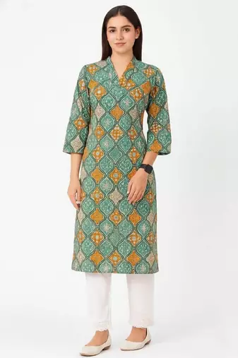 Green color v neck cotton kurta with pant set