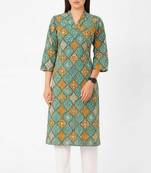 Green color v neck cotton kurta with pant set