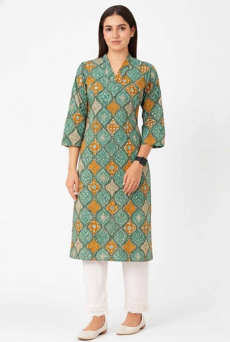 Green color v neck cotton kurta with pant set