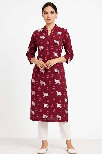 Maroon color v neck cotton kurta with pant set