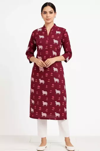 Maroon color v neck cotton kurta with pant set