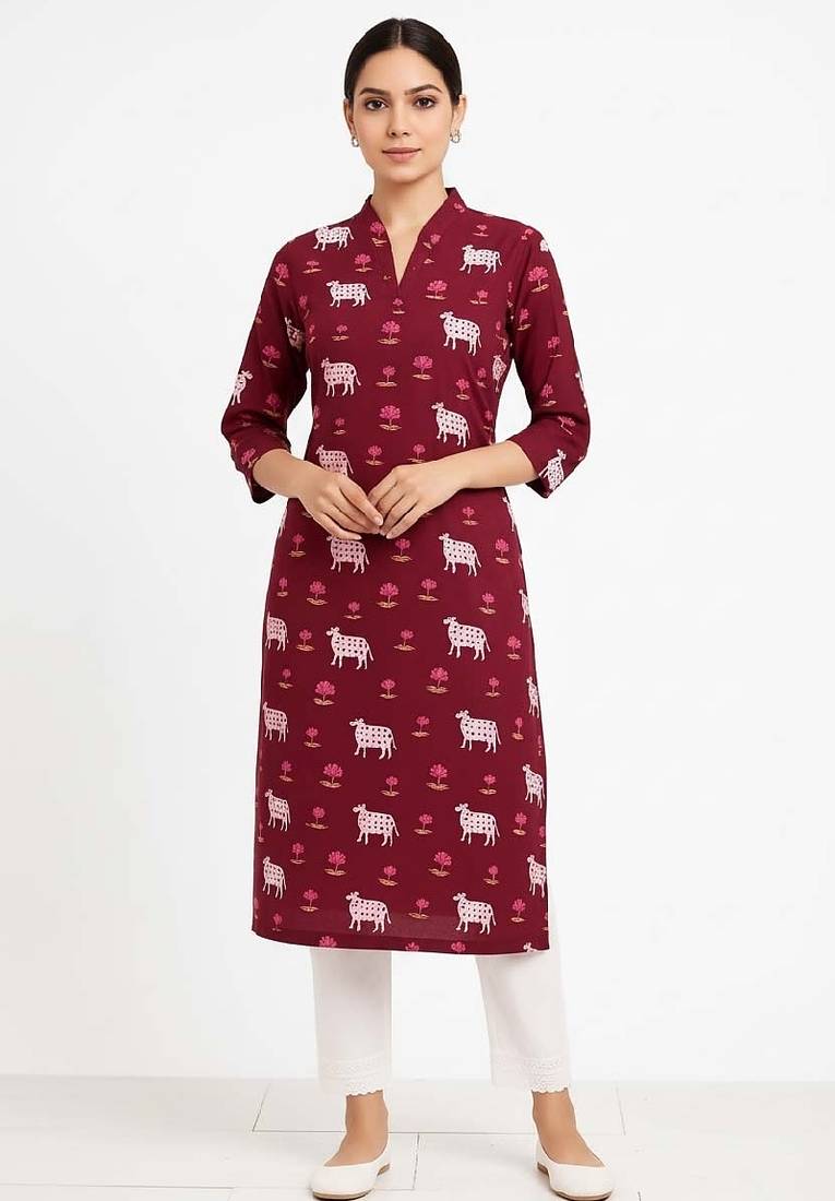 Maroon color v neck cotton kurta with pant set
