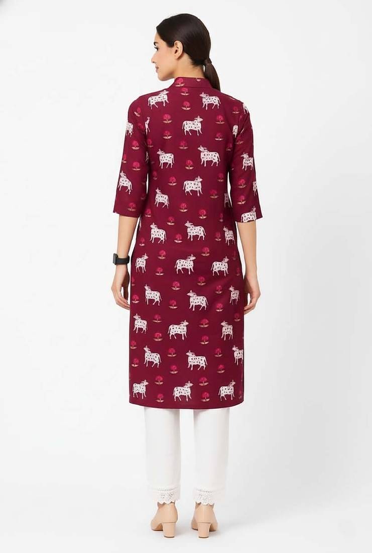 Maroon color v neck cotton kurta with pant set