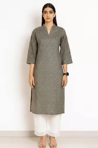 Green color v neck cotton kurta with pant set