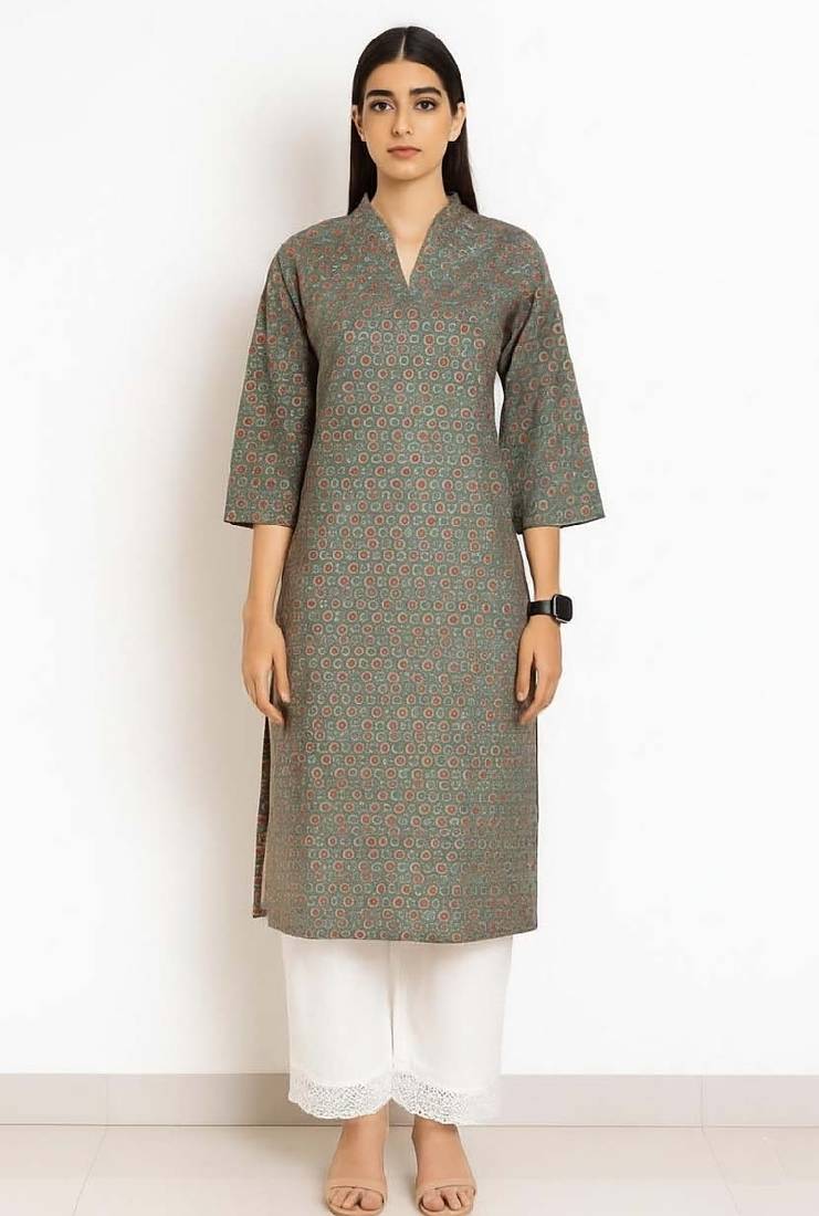 Green color v neck cotton kurta with pant set