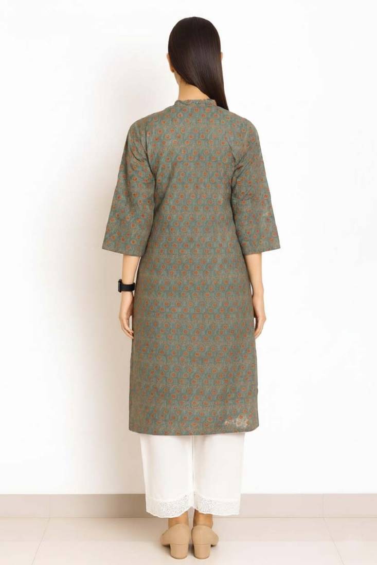 Green color v neck cotton kurta with pant set