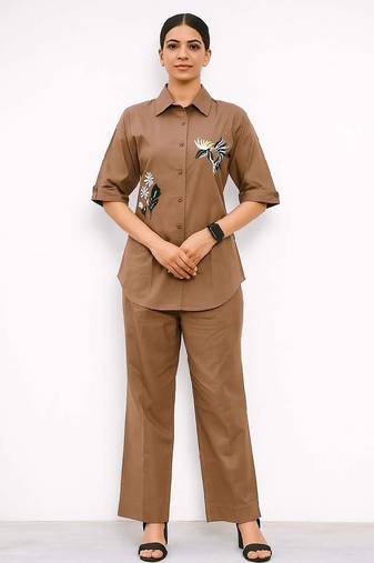 Brown color cotton embroidery coord set