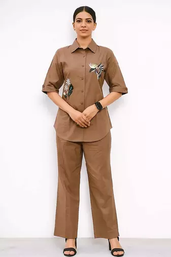 Brown color cotton embroidery coord set