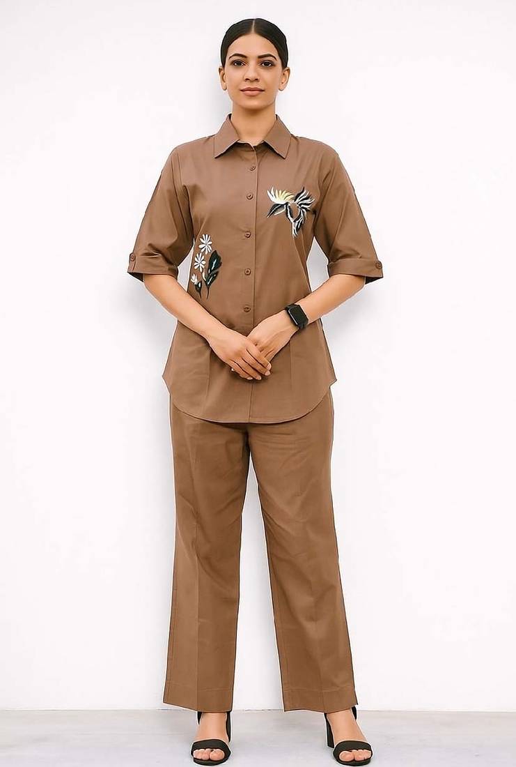 Brown color cotton embroidery coord set