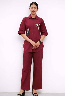 Maroon color cotton embroidery coord set 1
