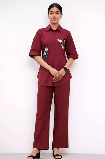 Maroon color cotton embroidery coord set