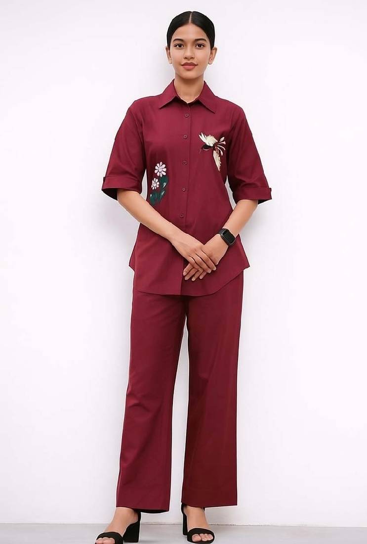 Maroon color cotton embroidery coord set
