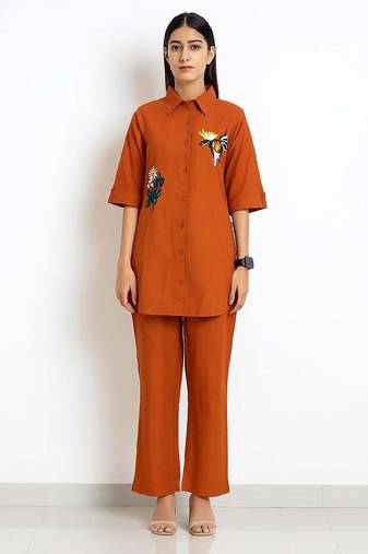 Orange color cotton embroidery coord set