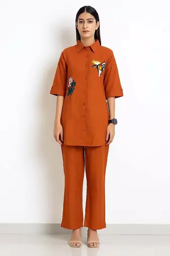 Orange color cotton embroidery coord set