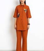 Orange color cotton embroidery coord set