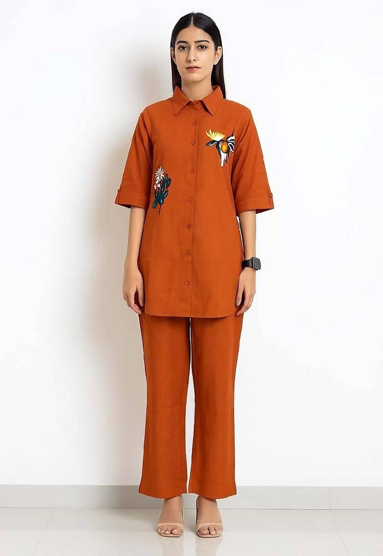 Orange color cotton embroidery coord set
