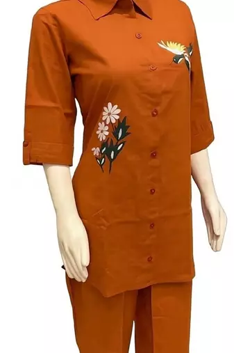 Orange color cotton embroidery coord set