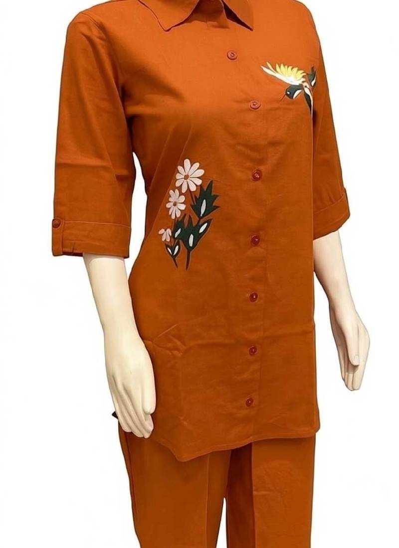 Orange color cotton embroidery coord set