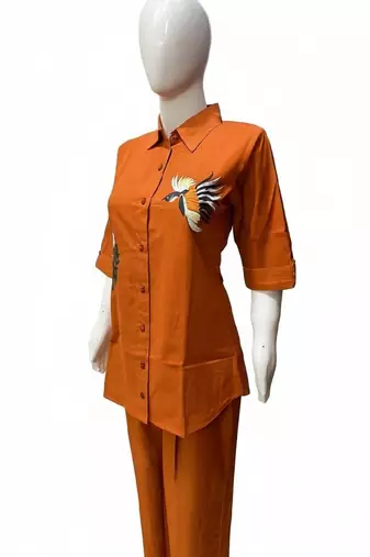 Orange color cotton embroidery coord set