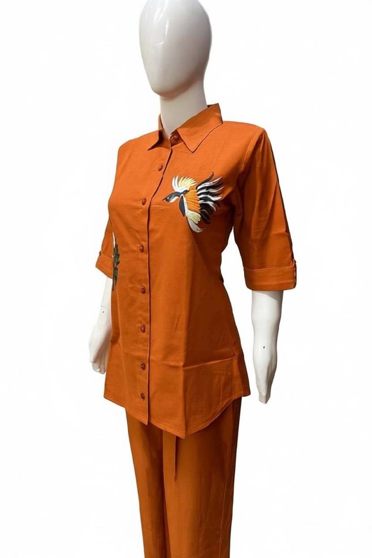 Orange color cotton embroidery coord set