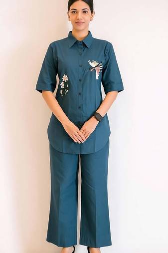 Blue color cotton embroidery coord set