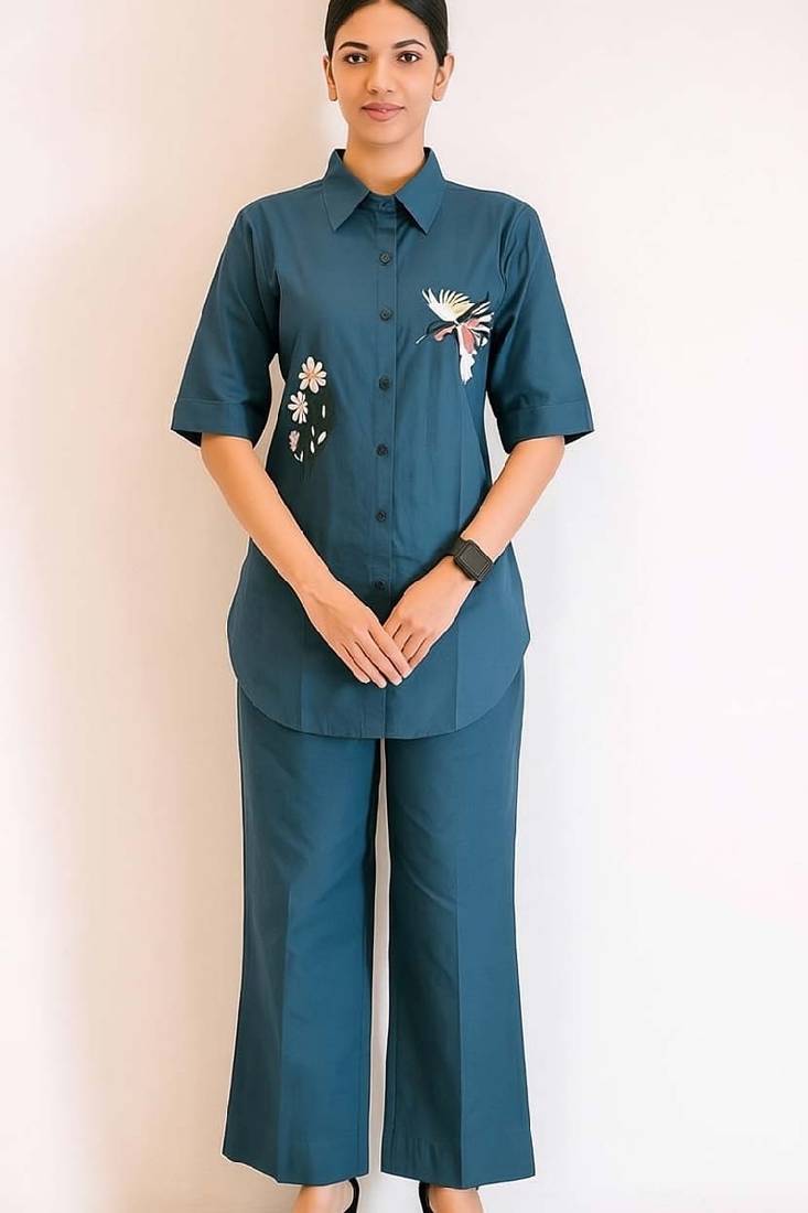 Blue color cotton embroidery coord set