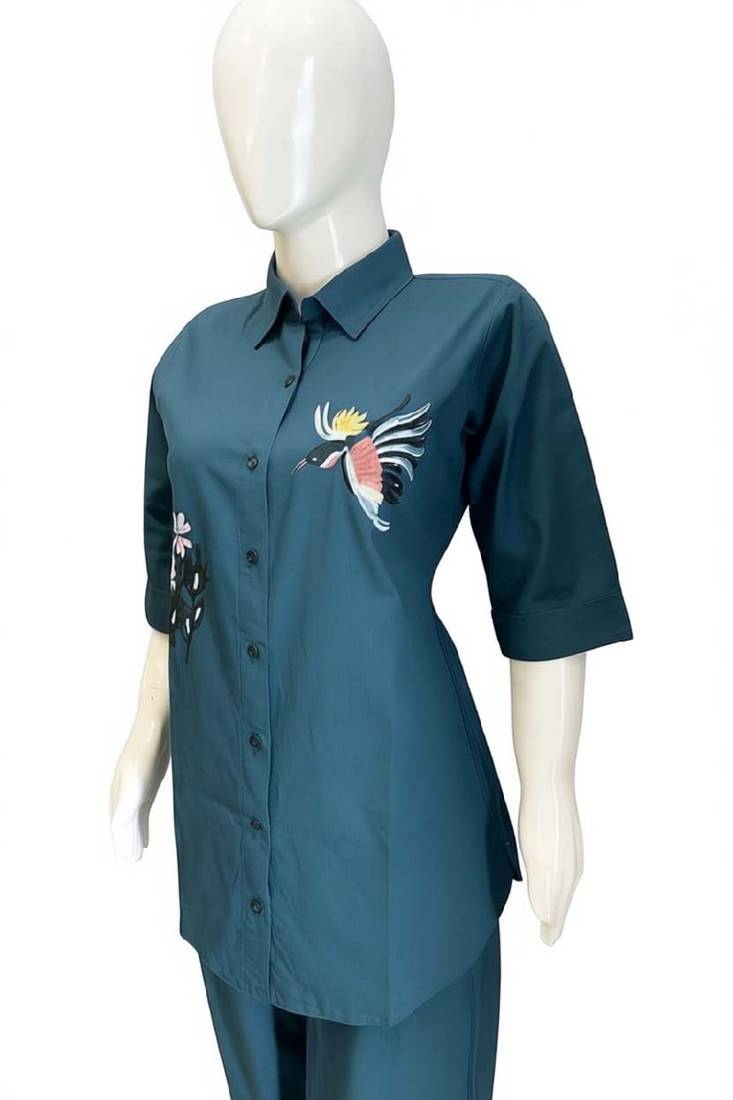 Blue color cotton embroidery coord set