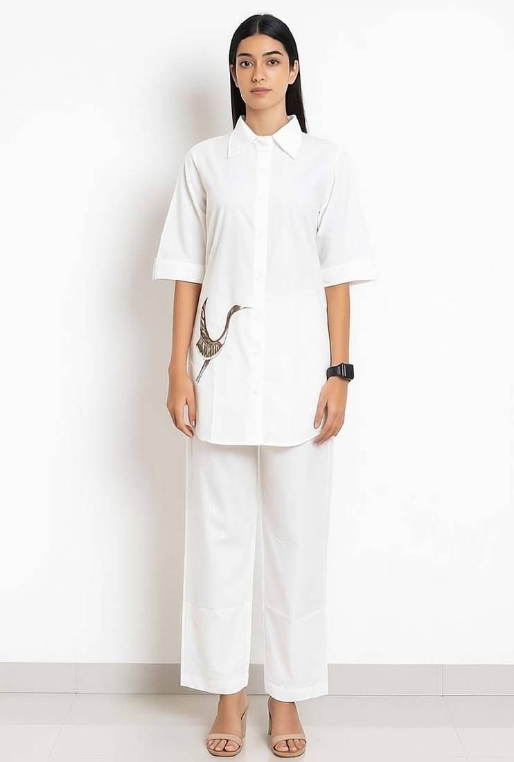 White color cotton embroidery coord set