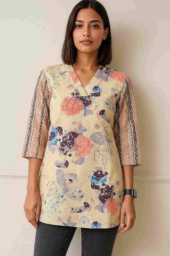 Cream color printed traditional co-ord set