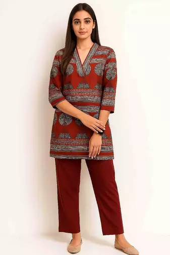 Maroon color printed traditional co-ord set