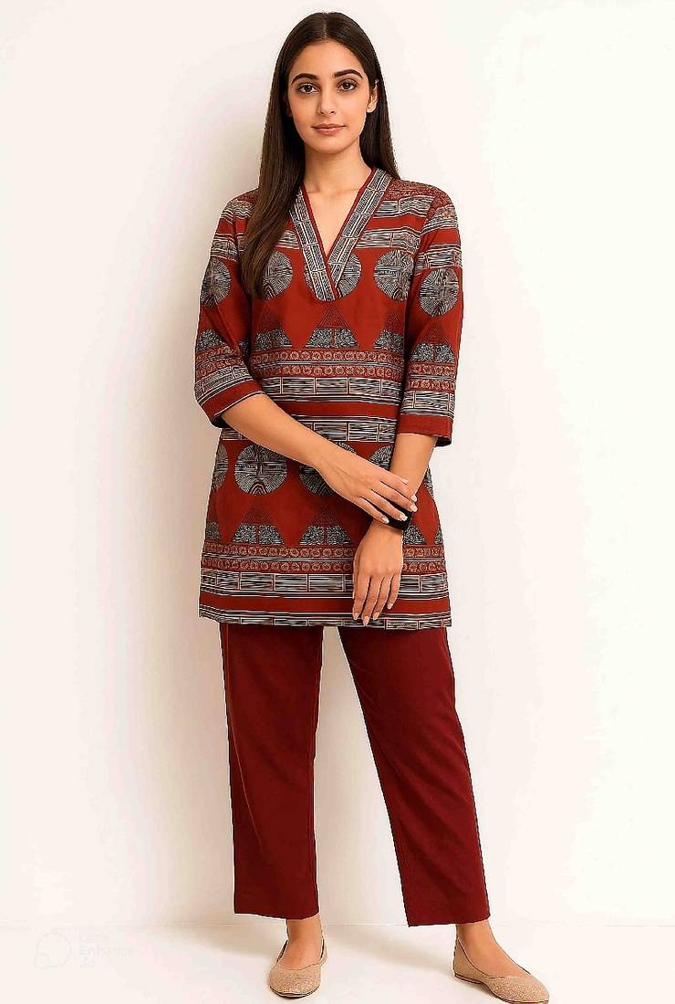 Maroon color printed traditional co-ord set