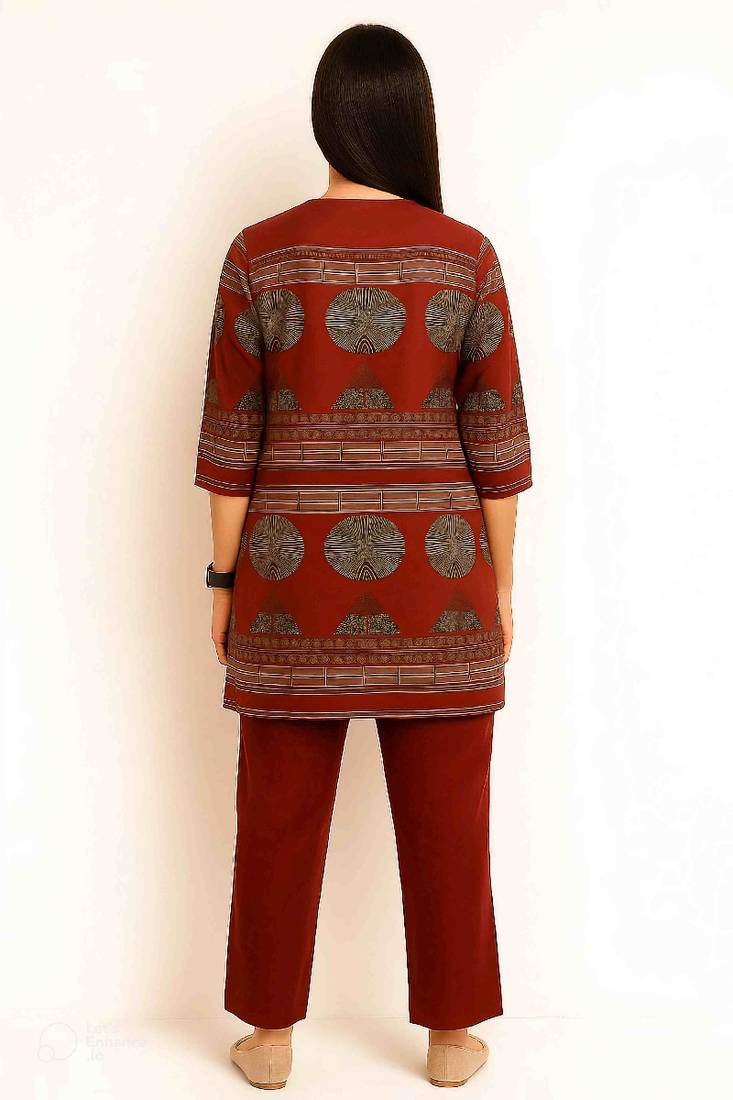 Maroon color printed traditional co-ord set
