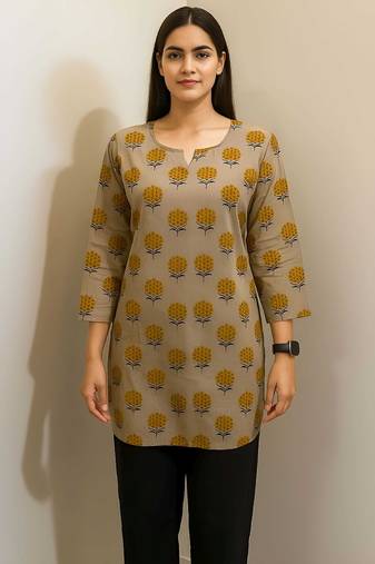 Beige color stylish short cotton kurti