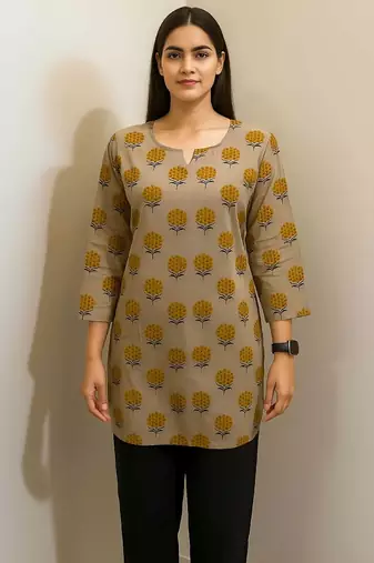 Beige color stylish short cotton kurti