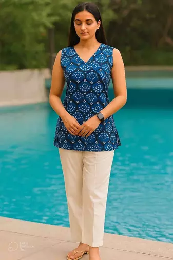 Blue color stylish short cotton kurti