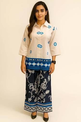 White & blue color printed arbain Cotton co-ord set
