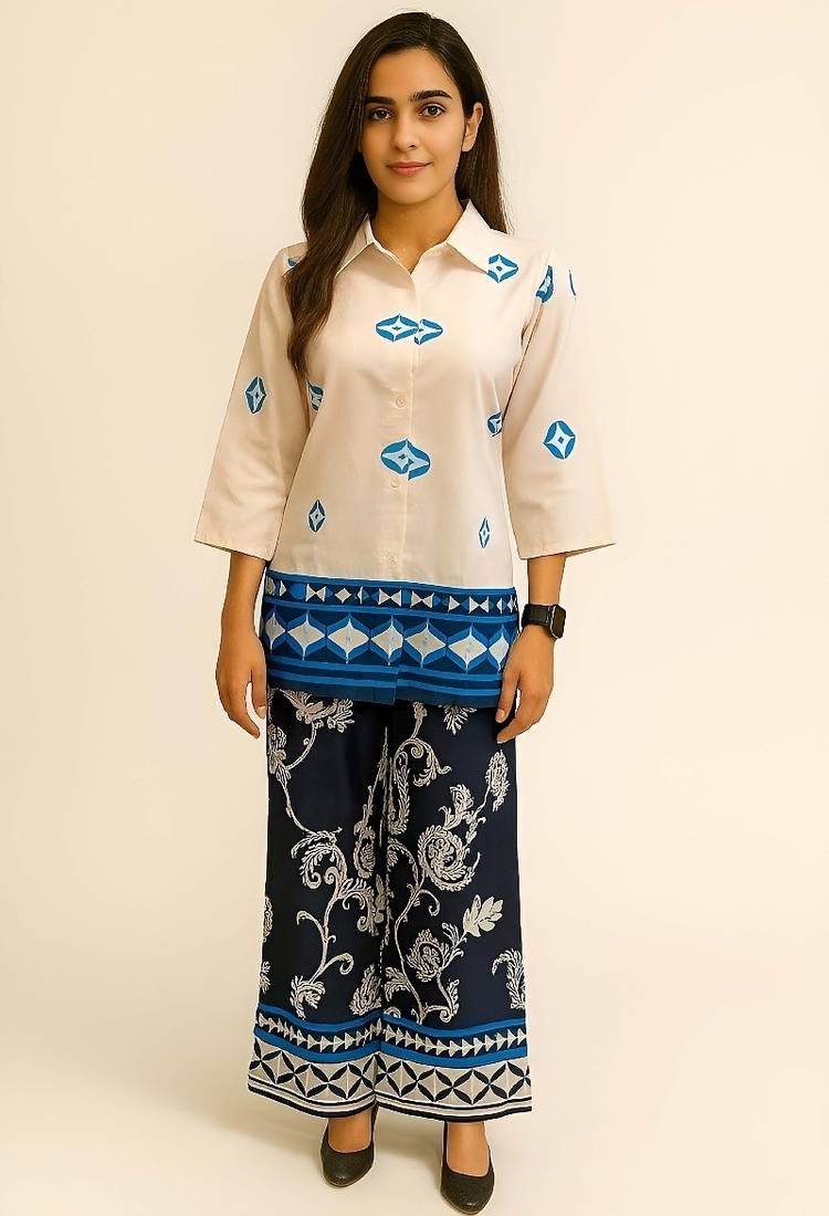 White & blue color printed arbain Cotton co-ord set